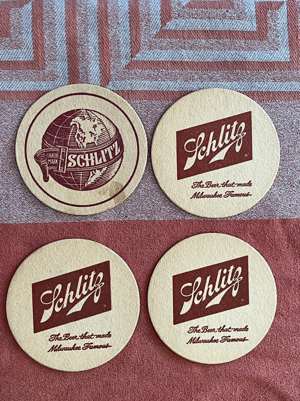 Vintage 1972 Schlitz Beer Coasters - Cream and Maroon